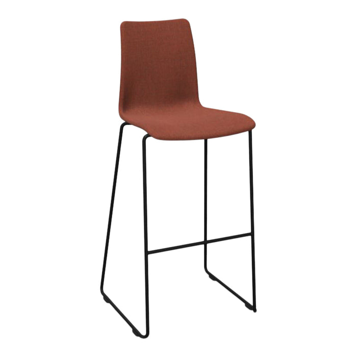 Rust-colored upholstered bar stool with sleek black metal framing. Modern design for stylish seating.