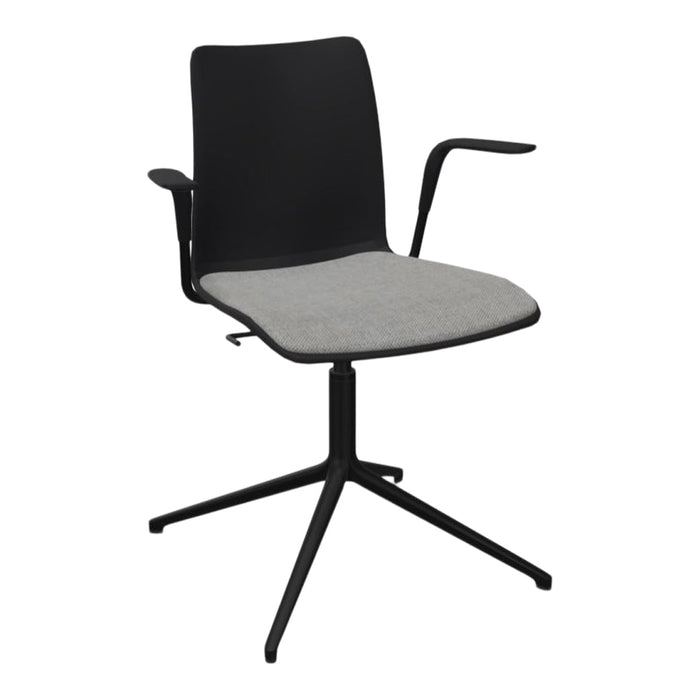 Black frame with a textured gray seat and backrest; modern design with minimalist features.