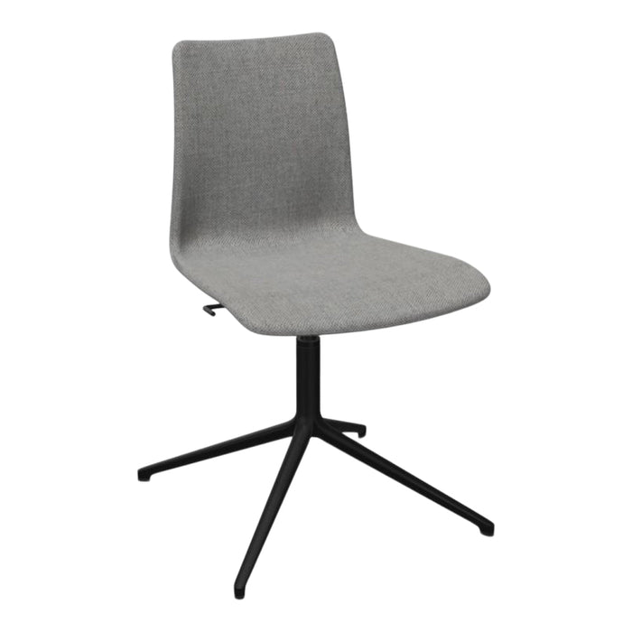 Gray fabric chair with a sleek modern design and black metal base. Suitable for contemporary interiors.