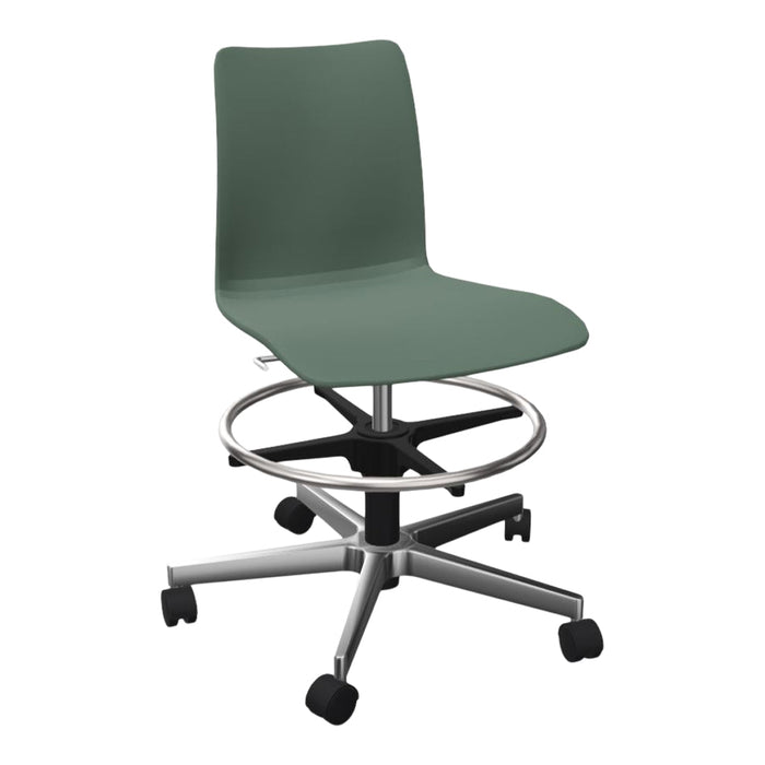 Green ergonomic office chair with a sleek design and chrome base, featuring a smooth, matte finish.