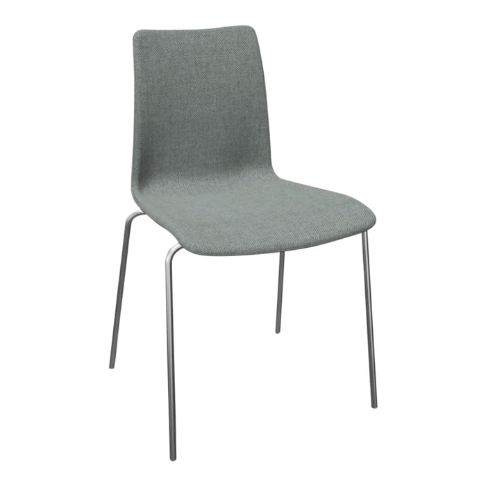 Gray fabric dining chair with a smooth, minimalist design and chrome legs, perfect for modern decor.