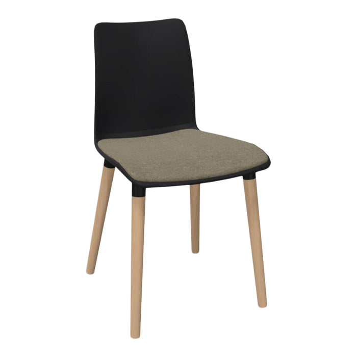 Black chair with a beige fabric seat and natural wood legs, featuring a sleek and modern design.