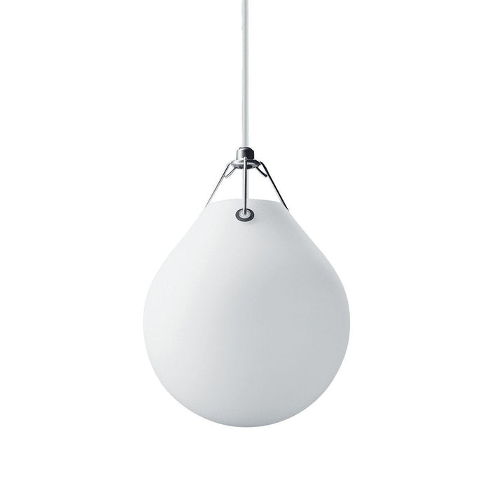 "Glossy white pendant lamp with a sleek, teardrop shape and minimalist metallic accents."