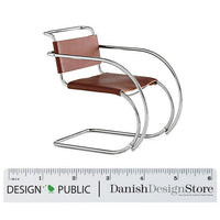 Modern chair with a sleek chrome frame and brown leather seat, showcasing a minimalist design.