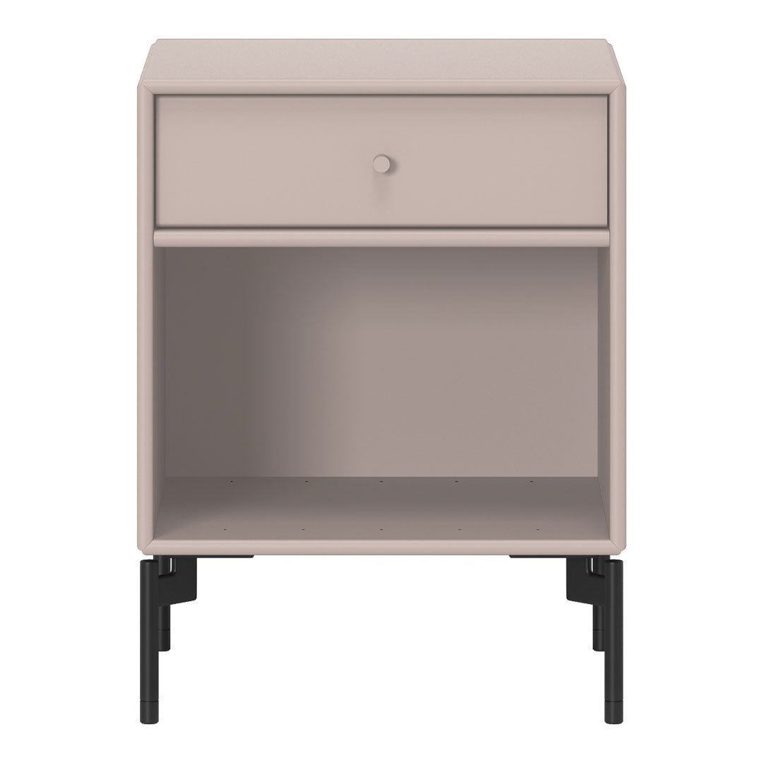 Minimalist nightstand in soft beige with a sleek drawer and black metal legs. Stylish and modern design for any bedroom.