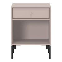 Minimalist nightstand in soft beige with a sleek drawer and black metal legs. Stylish and modern design for any bedroom.