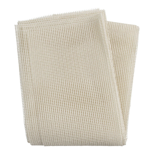 Beige mesh fabric with a grid pattern, showcasing a textured weave. Ideal for crafting and home projects.