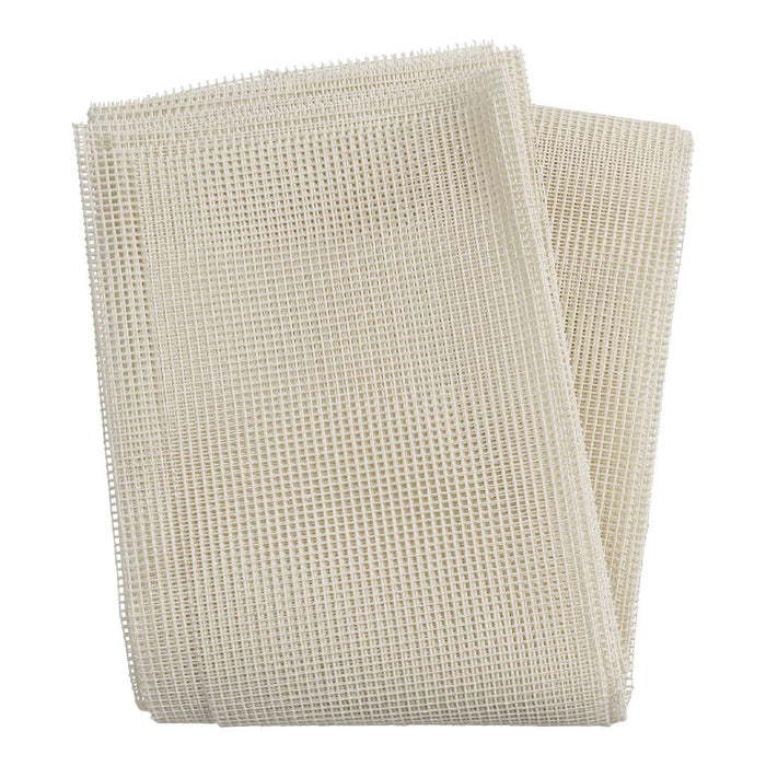 Beige mesh fabric with a grid pattern, showcasing a textured weave. Ideal for crafting and home projects.