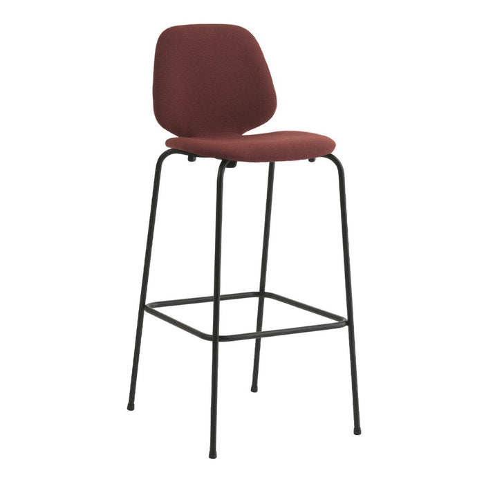 Rust-colored upholstered bar stool with a sleek black metal frame and minimalist design. Perfect for modern decor.