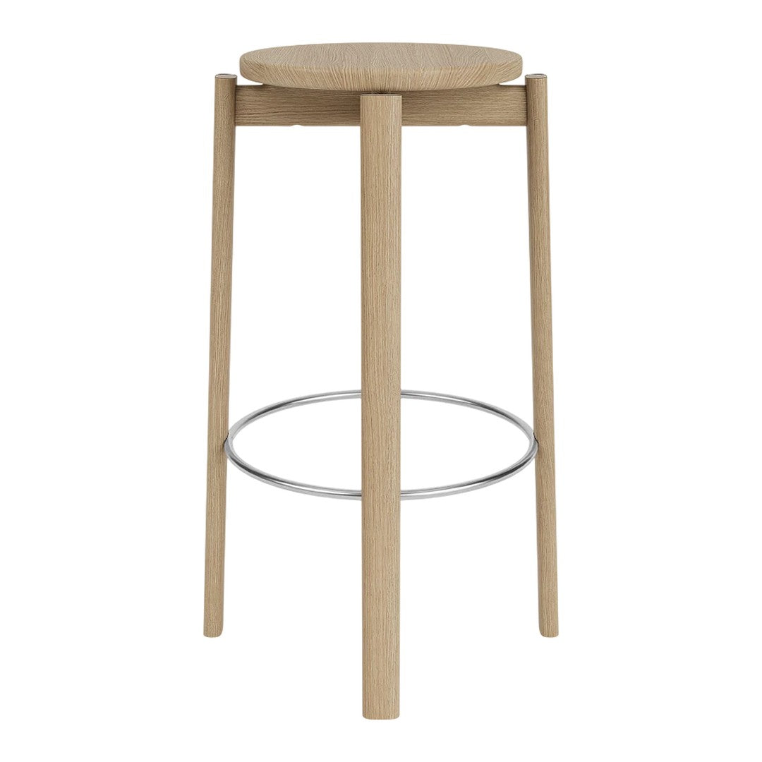 Light wood bar stool with a round seat and minimalist design, featuring natural tones and sleek metal footrest.