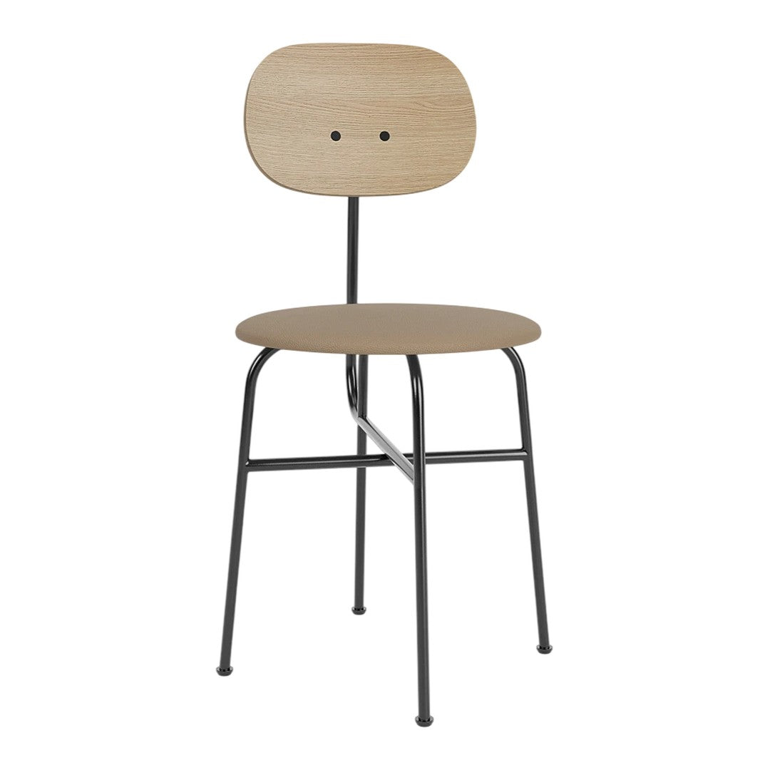 Light wood chair with a smooth natural finish and black metal legs, featuring a minimalist design.