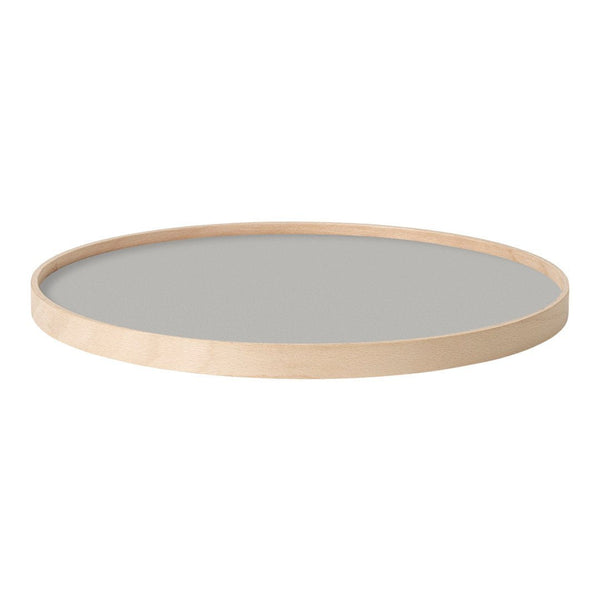 Round wooden tray with a light natural wood finish and a smooth gray surface. Ideal for stylish home decor.