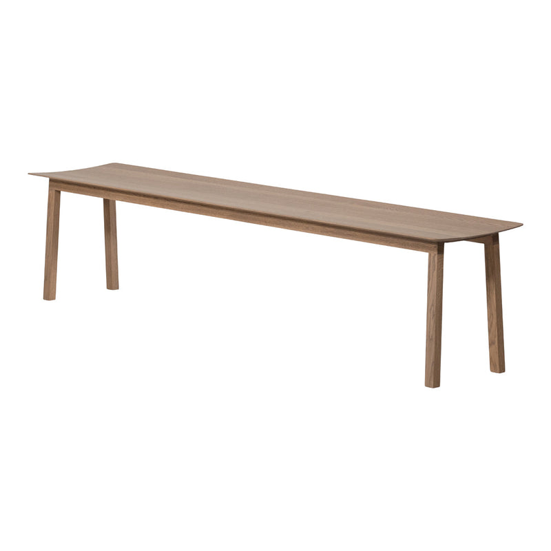 "Long rectangular bench in a warm natural wood finish with smooth, clean lines."