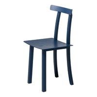 Navy blue wooden chair with a simple, minimalist design and smooth, solid color finish. Perfect for modern decor.