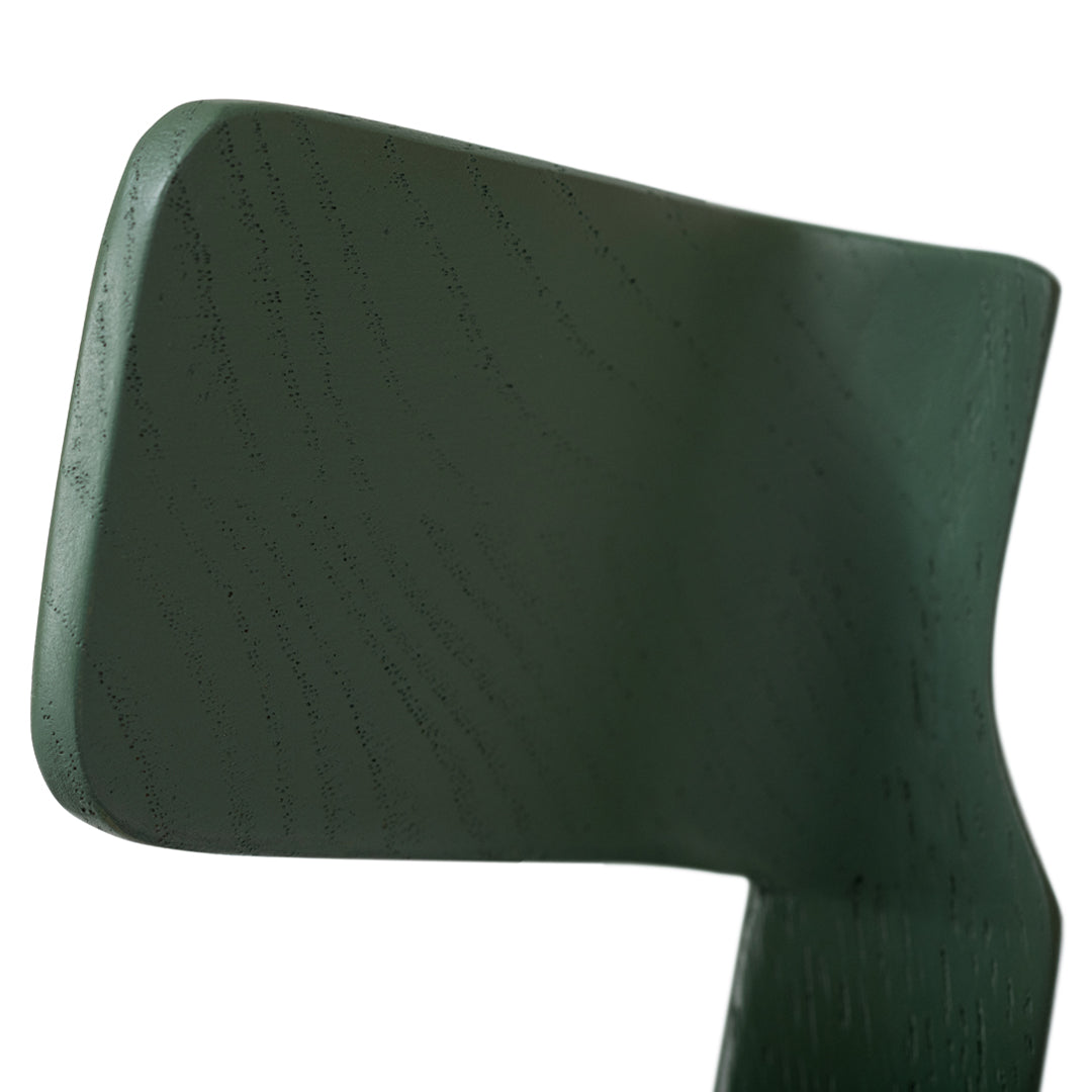 Dark green wooden chair with a smooth finish and subtle grain patterns. Ideal for modern decor.