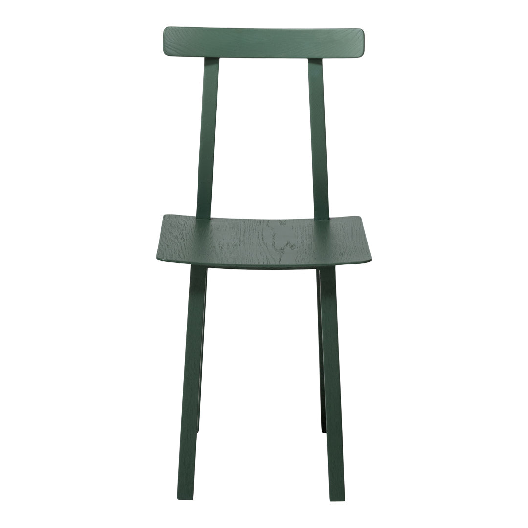 Green wooden chair with a minimalist design and smooth finish, featuring a solid color and simple lines.