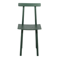 Green wooden chair with a minimalist design and smooth finish, featuring a solid color and simple lines.
