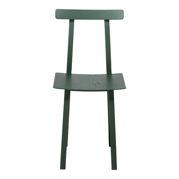 Green wooden chair with a minimalist design and smooth finish, featuring a solid color and simple lines.
