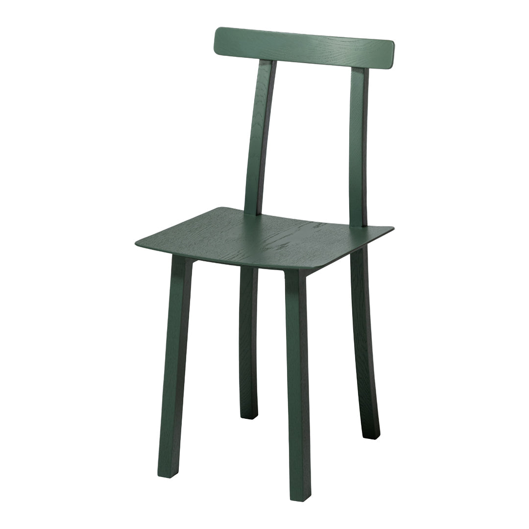 "Simple green wooden chair with a minimalist design, featuring a solid finish and clean lines."