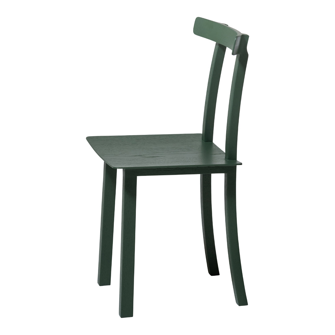 Green wooden chair with a simple design and smooth finish, featuring minimalistic lines and a classic look.