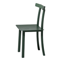 Green wooden chair with a simple design and smooth finish, featuring minimalistic lines and a classic look.