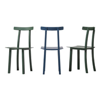 Three wooden chairs in dark green and deep blue, featuring sleek, minimalist designs. Perfect for modern interiors.