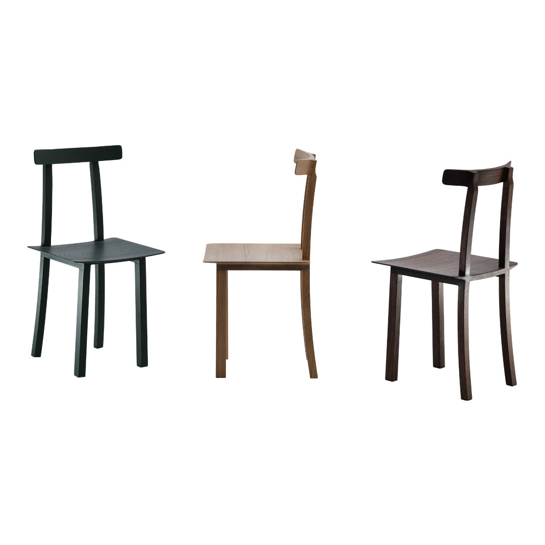 Set of three minimalist wooden chairs in black, natural brown, and dark brown finishes, showcasing sleek designs.