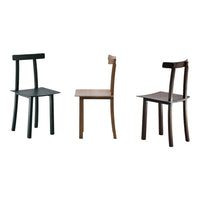 Set of three minimalist wooden chairs in black, natural brown, and dark brown finishes, showcasing sleek designs.