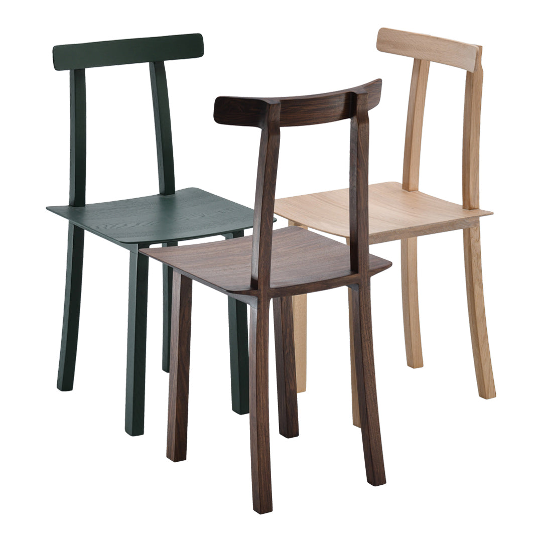 Three wooden chairs in green, dark brown, and light brown showcasing modern design and natural finishes.