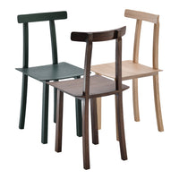 Three wooden chairs in green, dark brown, and light brown showcasing modern design and natural finishes.