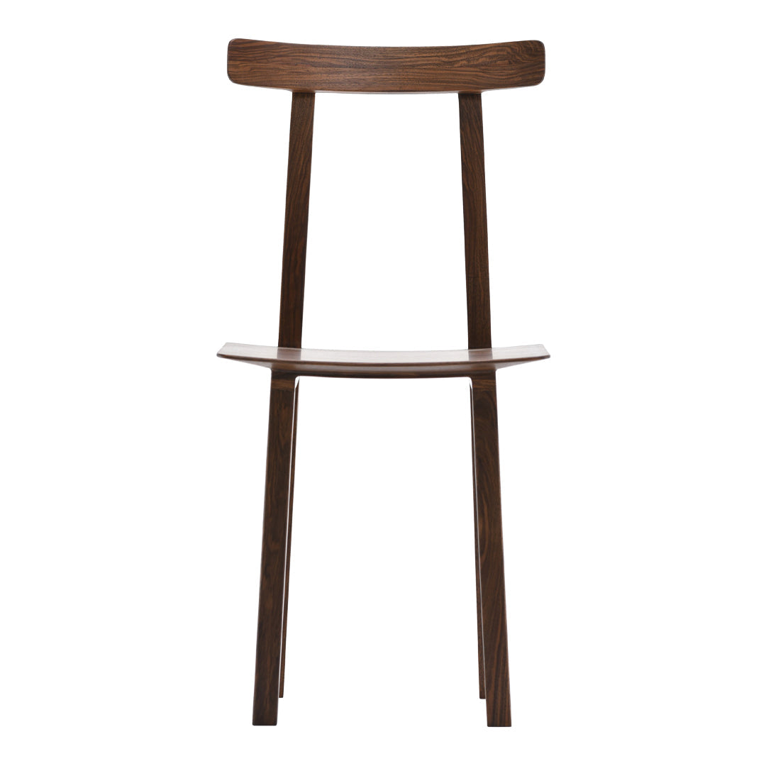 Modern wooden chair in rich brown finish with simple, sleek design and smooth clean lines. Ideal for contemporary spaces.