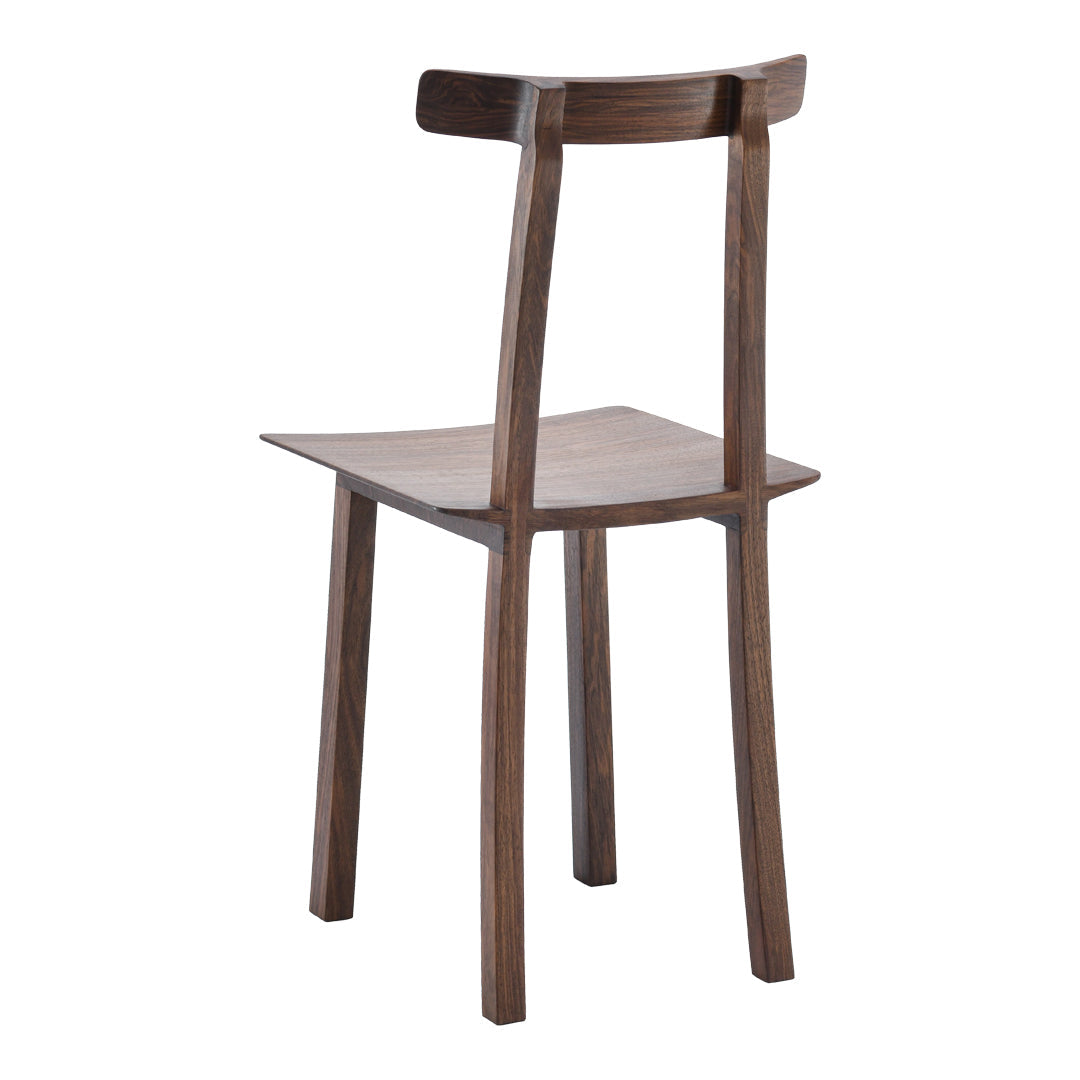 "Solid wood chair with a rich walnut finish and a sleek, minimalist design."