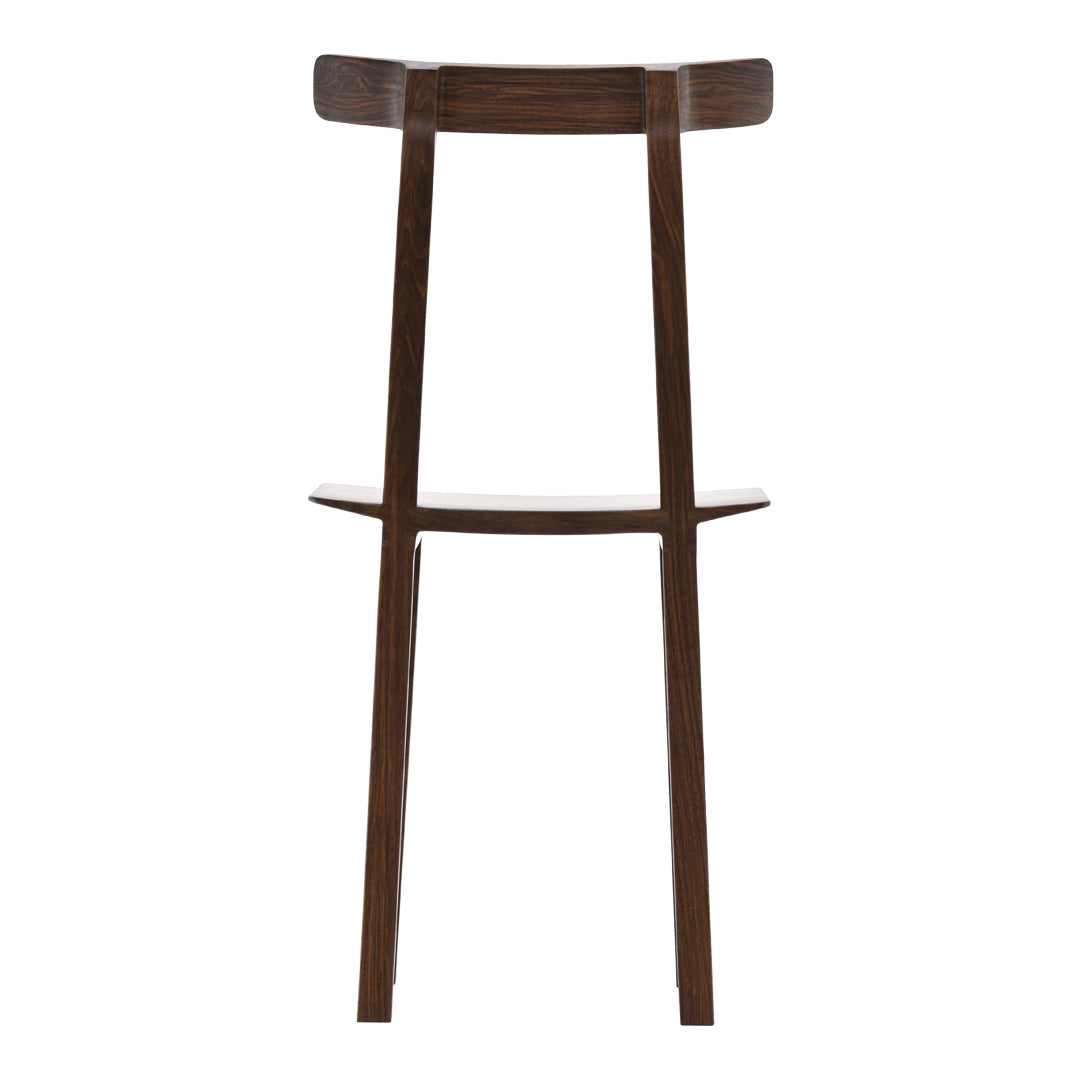 "Solid dark wood bar stool with a minimalist design and sleek, smooth finish."