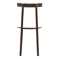 "Solid dark wood bar stool with a minimalist design and sleek, smooth finish."