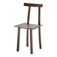 Solid dark brown wooden chair with a simple design and clean lines, perfect for modern decor.