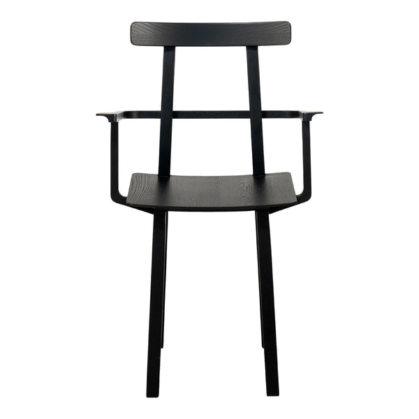 Black wooden chair with a minimalist design and sleek lines, featuring a solid seat and armrests.
