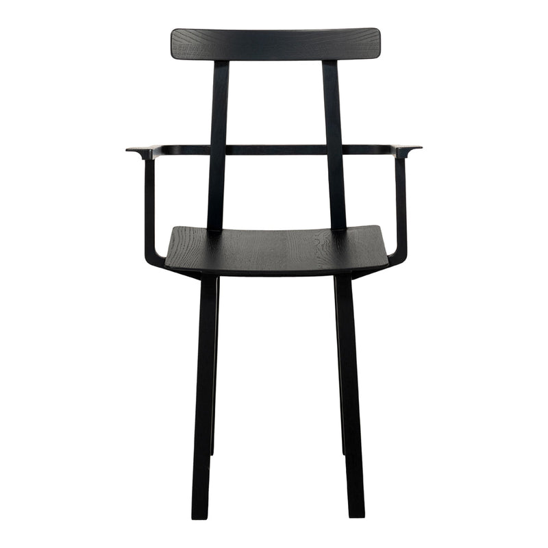 Black wooden chair with a minimalist design and sleek lines, featuring a solid seat and armrests.
