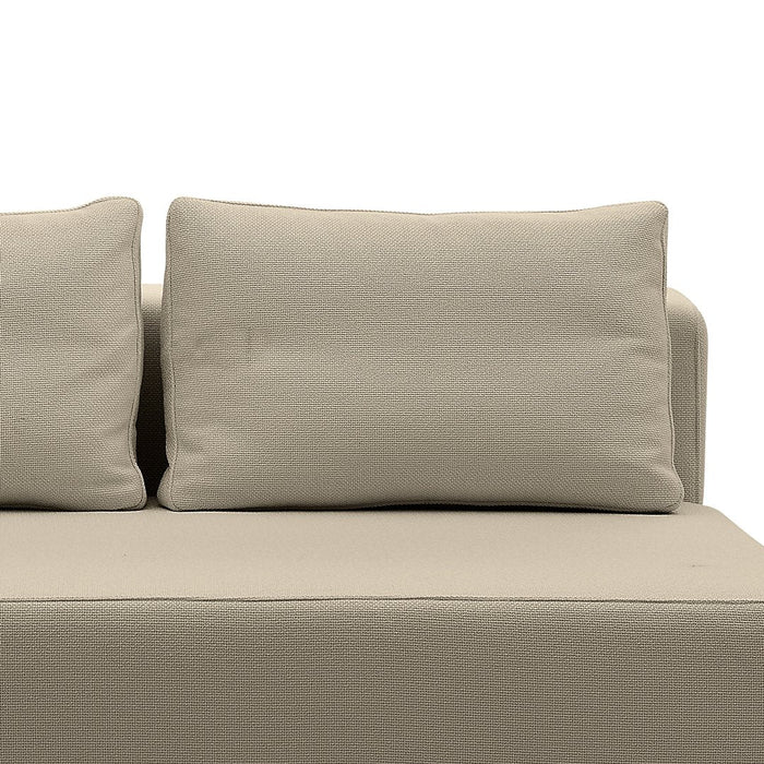 Beige sofa with two matching rectangular cushions, smooth fabric texture, minimalist design. Perfect for modern interiors.