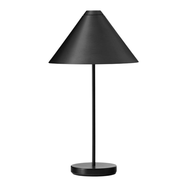 Black metal table lamp with a conical shade and circular base, featuring a sleek, minimalist design.