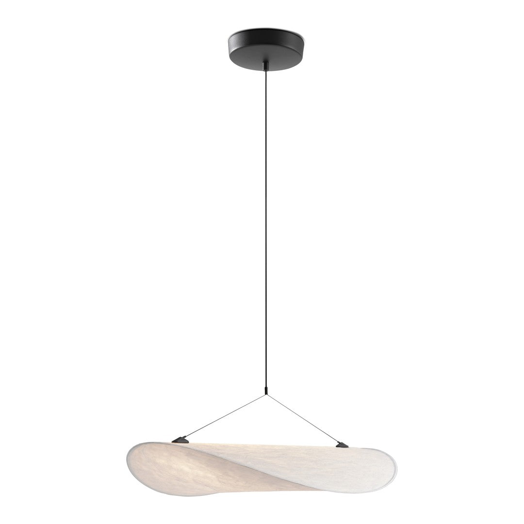 Sleek black and white pendant light with a smooth, curved design and subtle texture. Ideal for modern decor.