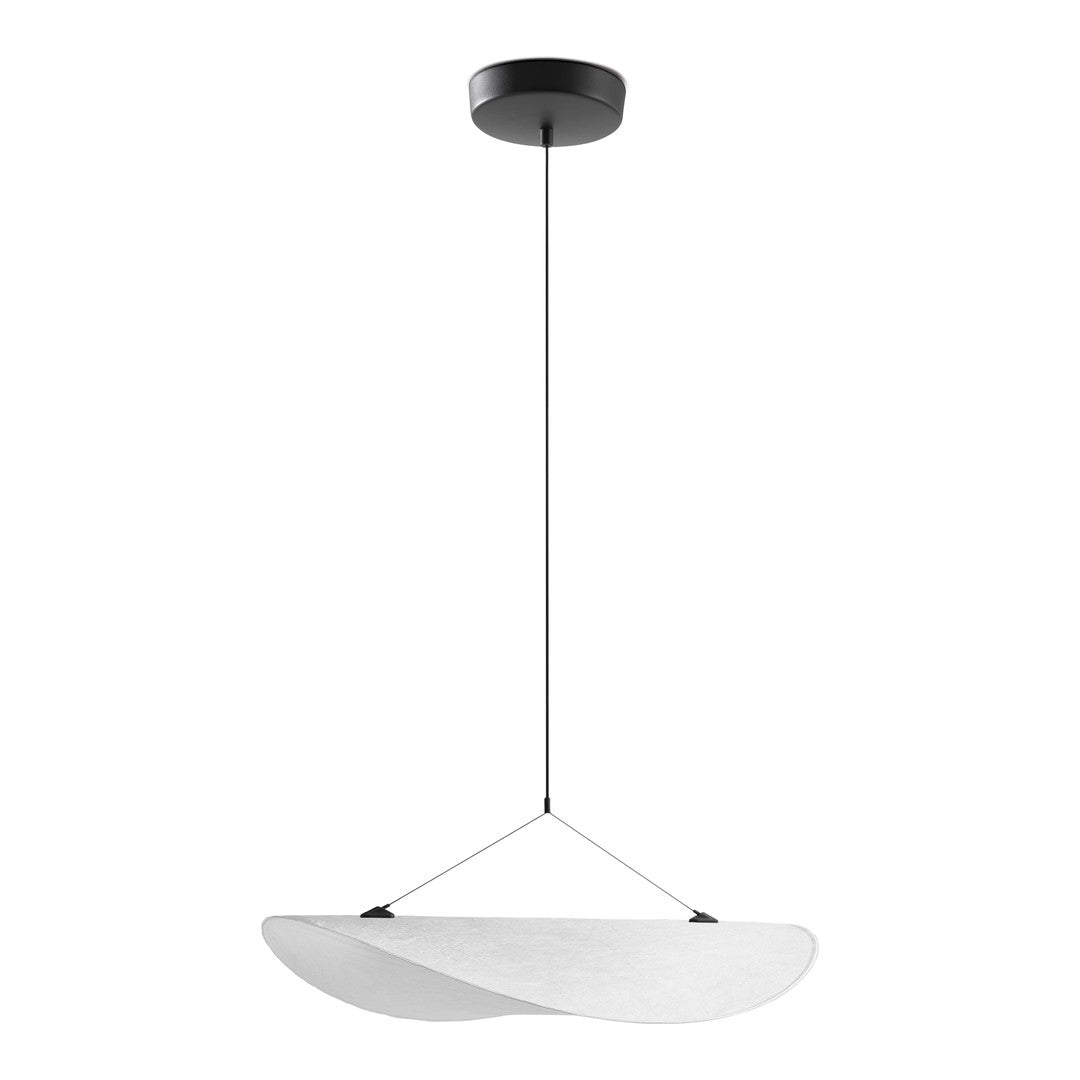 Modern white pendant light with sleek, curved shape and black ceiling mount. Elegant design for contemporary spaces.