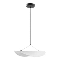 Modern white pendant light with sleek, curved shape and black ceiling mount. Elegant design for contemporary spaces.