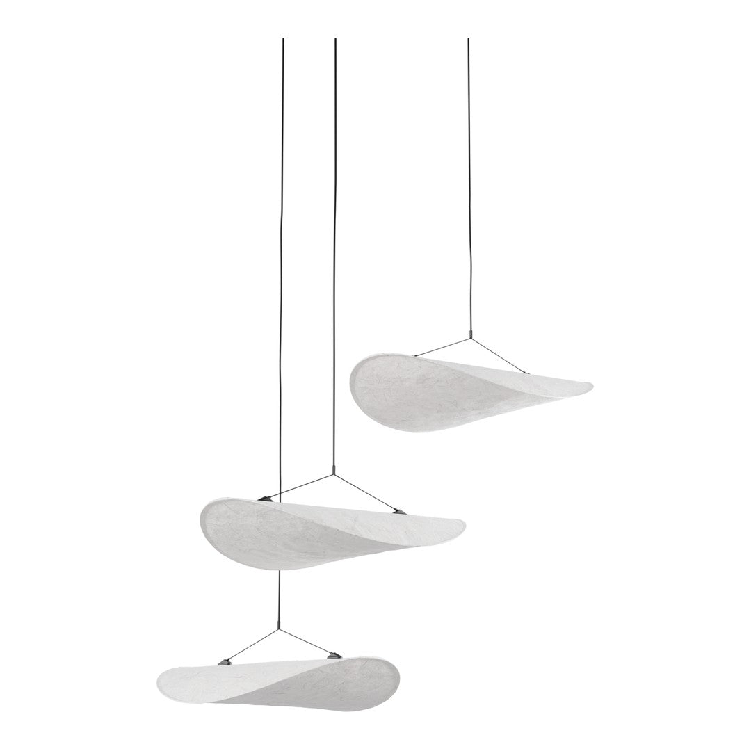 Modern hanging pendant light featuring a sleek white design with smooth, organic shapes and minimalist aesthetics.