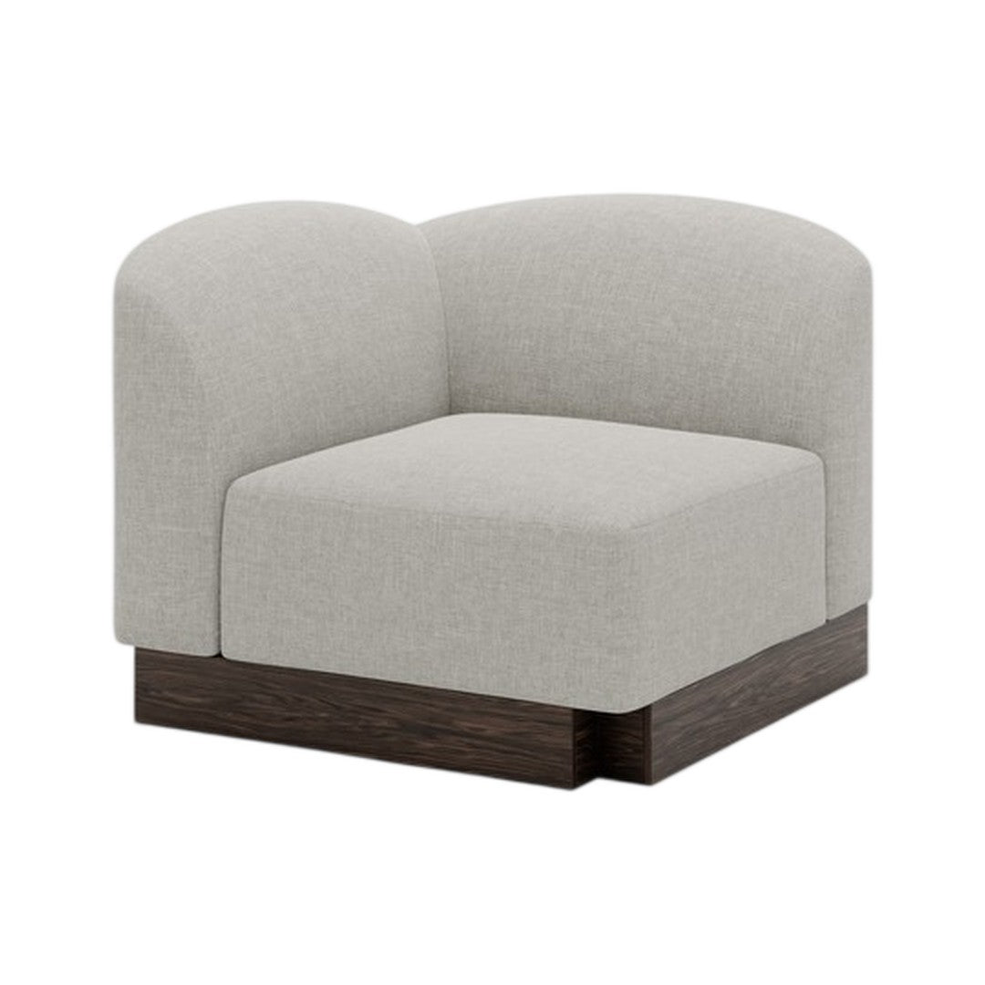 Curved light gray upholstered accent chair with a dark wood base, featuring a minimalist design and soft texture.
