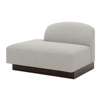 Light grey upholstered chair with a curved back and dark wooden base, featuring a smooth, minimalist design.