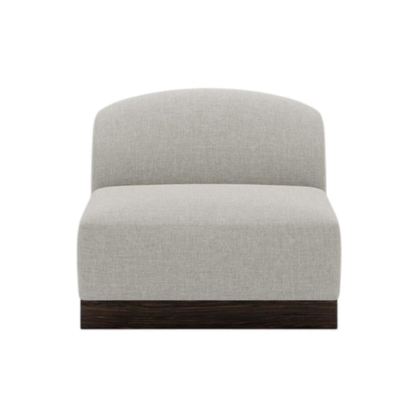 Light gray upholstered chair with a smooth finish and dark wood base, minimalistic design. Perfect for modern decor.