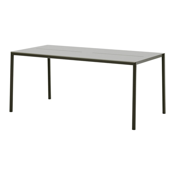 Gray rectangular table with a smooth surface and sleek dark metal legs, perfect for modern dining spaces.