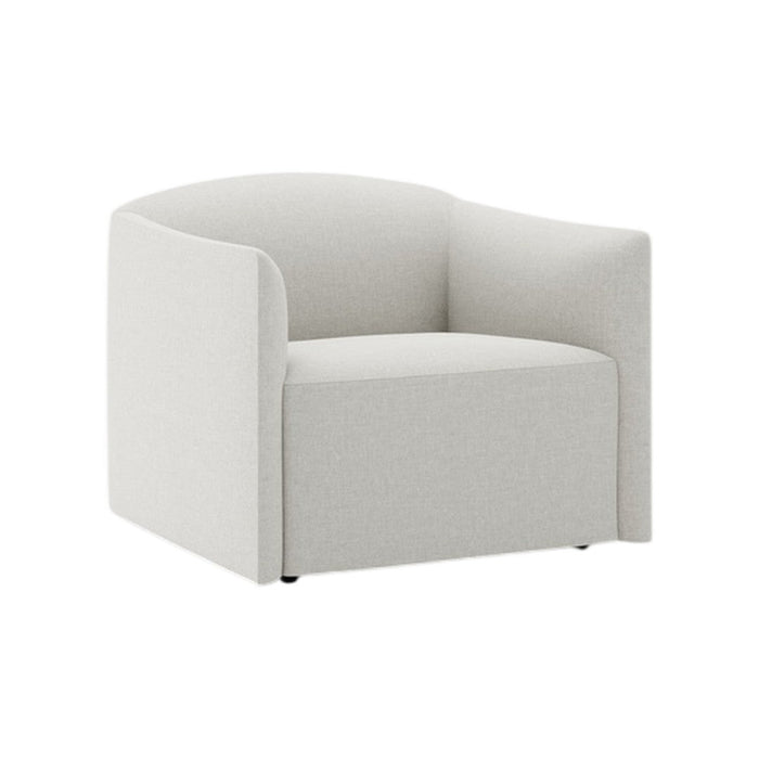 Light gray, textured fabric armchair with a curved design and minimalistic style, perfect for modern interiors.