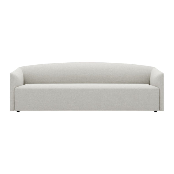 Light gray upholstered sofa with a smooth, minimalist design and rounded backrest. Ideal for modern interiors.