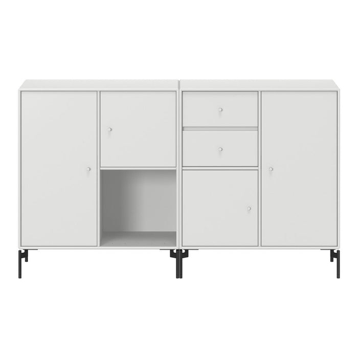 White modern cabinet with minimalist design, featuring sleek surfaces and black metal legs.